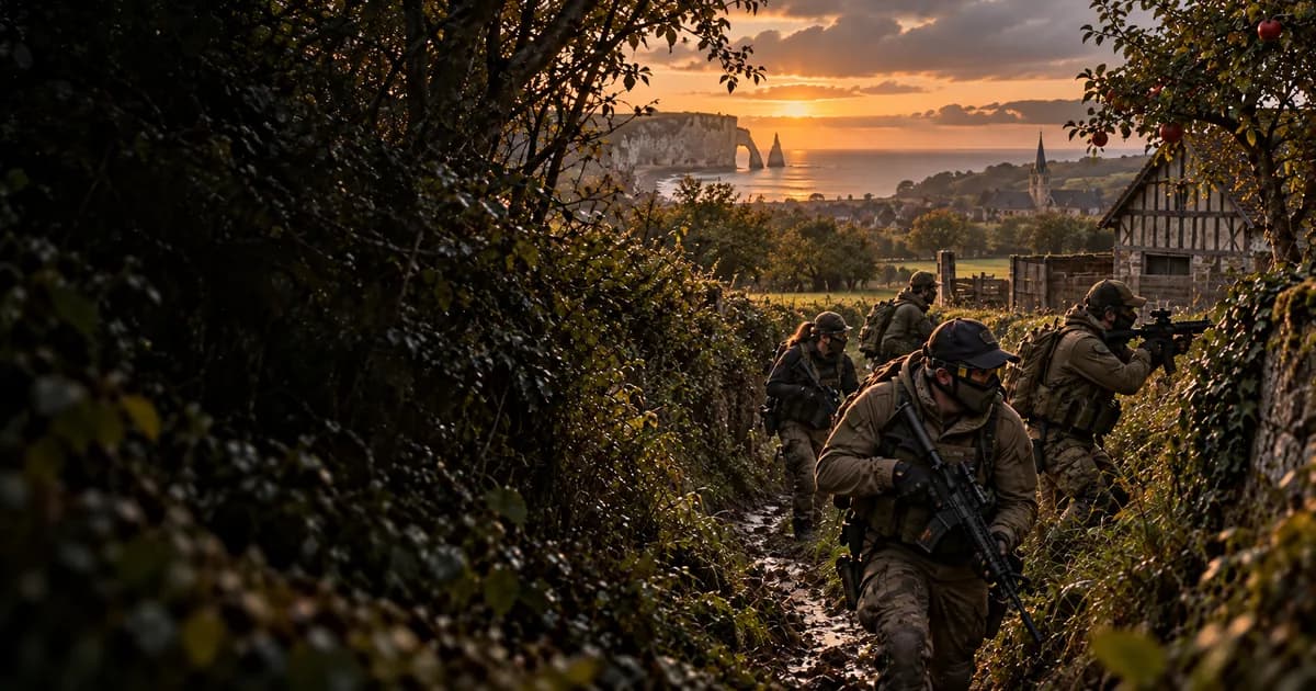 Illustration d’airsoft : joueurs dans un chemin creux, pommiers et falaises normandes